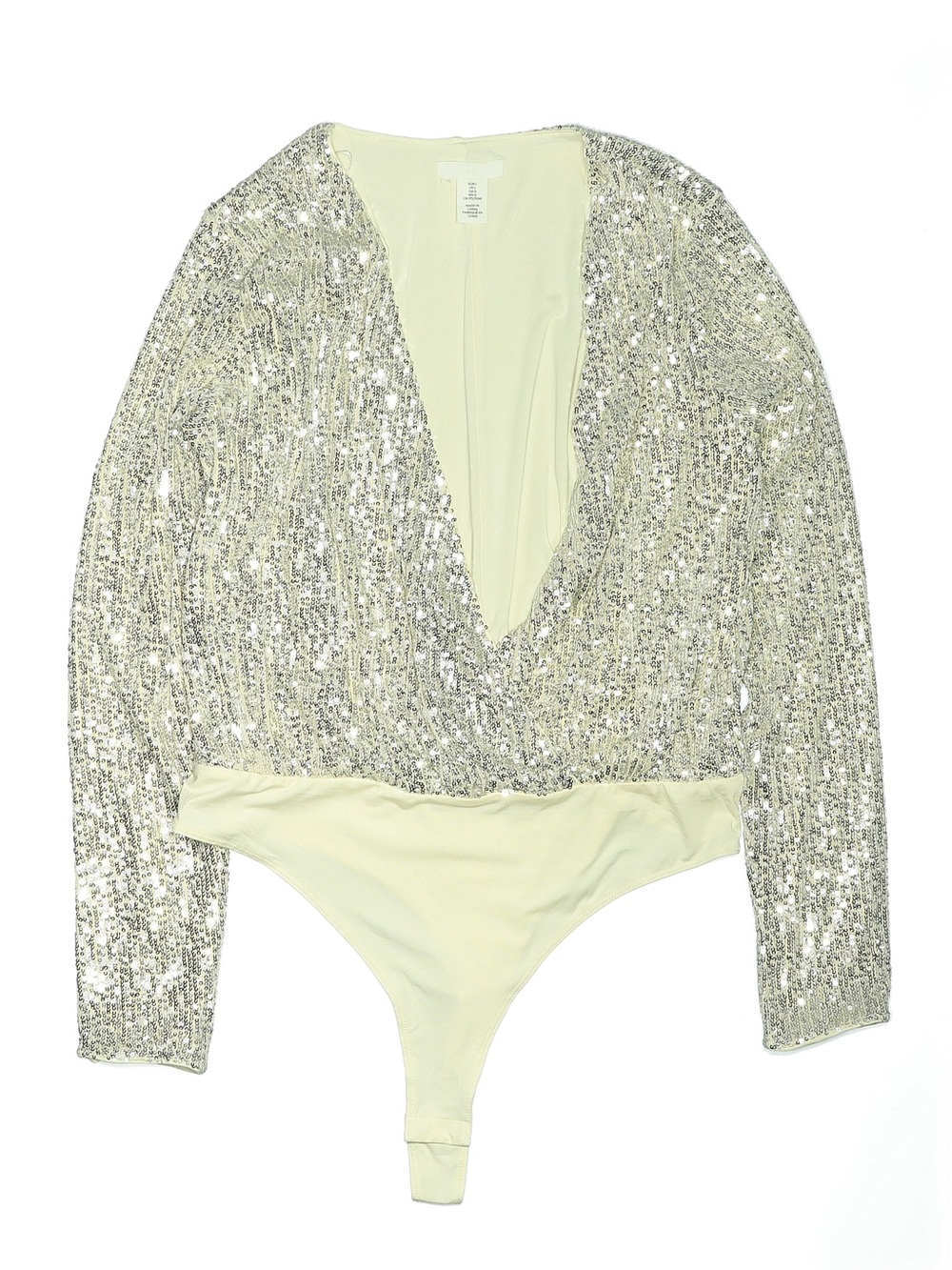 H&M Silver Sequin Long Sleeve Wrap Bodysuit Sz L Plunge V-Neck